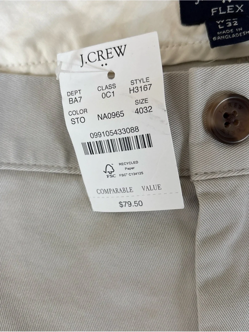 NEW J. Crew Men's Slim Fit, Flat Front Chinos in Stone Size 40X32 Classic